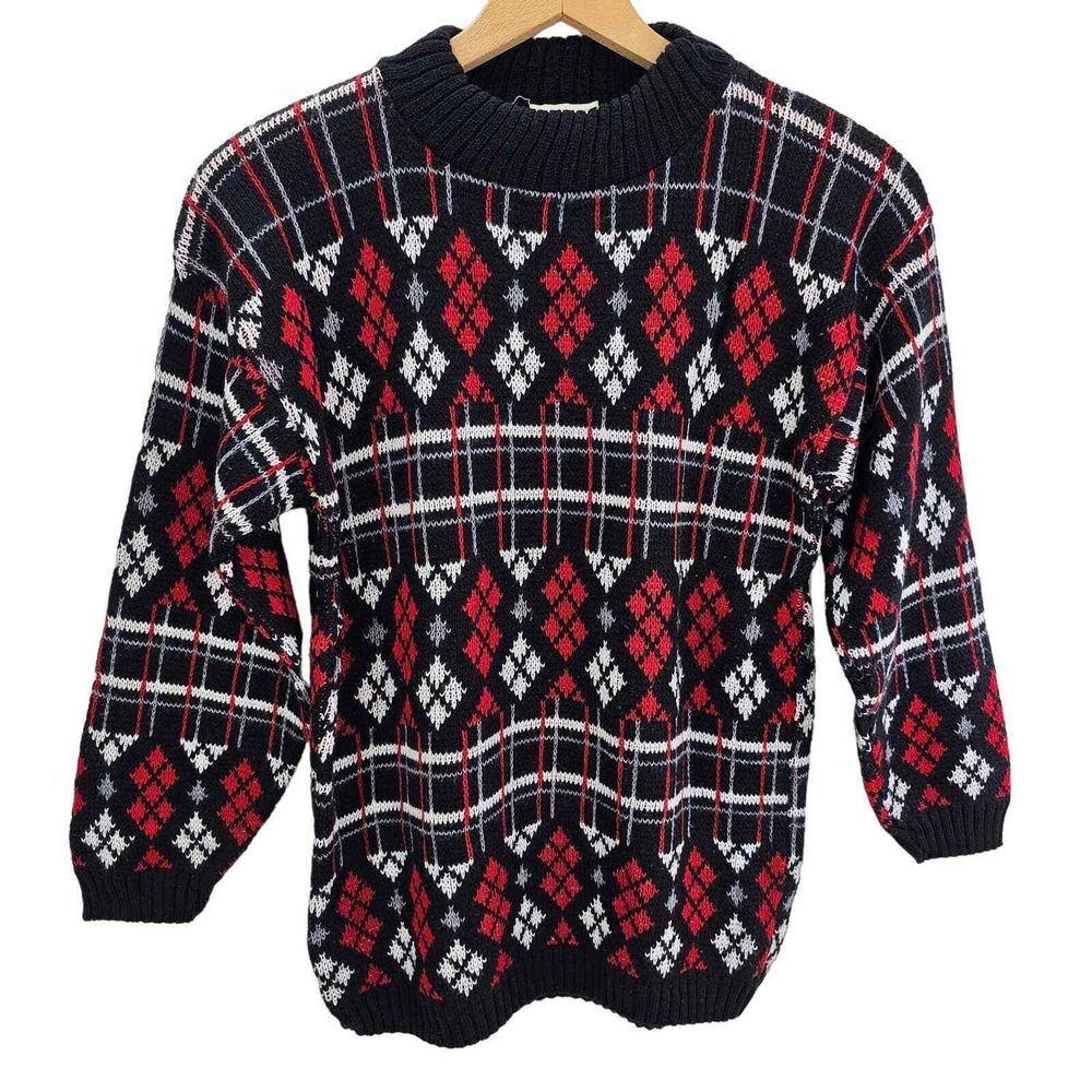 Vintage Black Red White Argyle Print Acrylic Sweater Women's Size MEDIUM